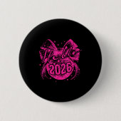 Hello 2026 Disco Ball Coquette Bow Happy New Year  缶バッジ (正面)