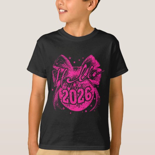 Hello 2026 Disco Ball Coquette Bow Happy New Year Tシャツ (正面)