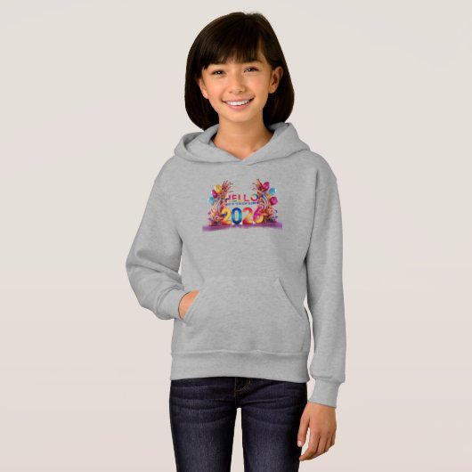 Hello 2026 Fun 3D Party Kids Pullover Hoodie (正面フル)
