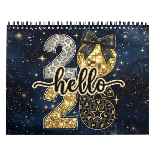 Hello 2026 Gold Glitter Chic Galaxy Calendar カレンダー (カバー)