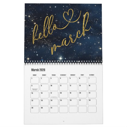 Hello 2026 Gold Glitter Chic Galaxy Calendar カレンダー (3月 2026)
