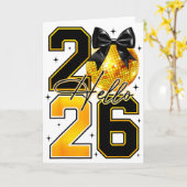 Hello 2026 Happy New Year 2026 Coquette Bow Disco カード (黄色い花)