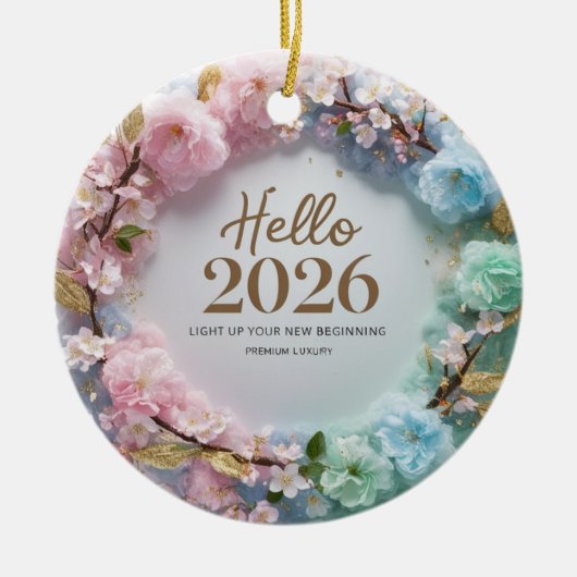 Hello 2026 Pastel Floral Wreath Ceramic Ornament セラミックオーナメント (正面)