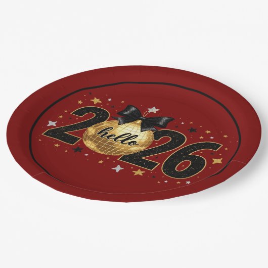 Hello 2026 Red Glitter Sparkle Design ペーパープレート (アングル)