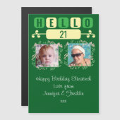 Hello 21 birthday 2フォトグリーン磁気カード マグネット招待状 (正面/裏面)