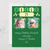 Hello 21 birthday 2フォトグリーン磁気カード マグネット招待状 (正面)