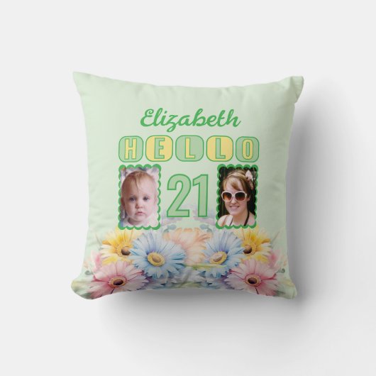 Hello 21 name 2写真gerbera flowers green クッション (正面)