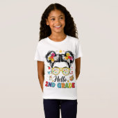 Hello 2nd Grade Messy Bun Coquette Bow Teacher Tシャツ (正面フル)