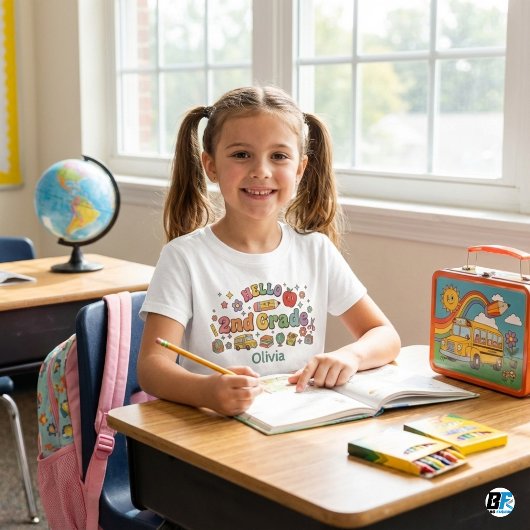 Hello 2nd Grade Retro Groovy Icons Personalized Na ベビーTシャツ