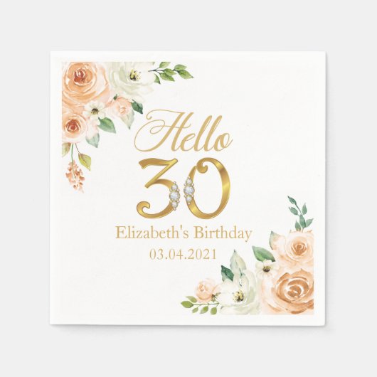 Hello 30ダイヤモンド&金ゴールド誕生日 スタンダードカクテルナプキン (正面)