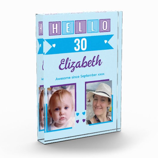 Hello 30 (any age) name est date blue purple フォトブロック (左)