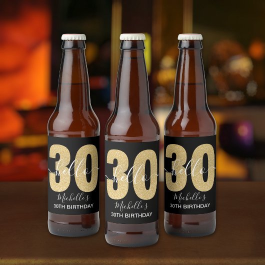 Hello 30! Elegan 30th birthday with Golden glitter ビールラベル