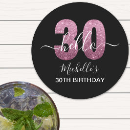 Hello 30! Fun 30th birthday Pink glitter ラウンドペーパーコースター