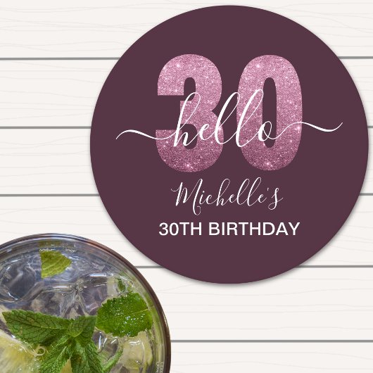 Hello 30! Fun 30th birthday Pink glitter ラウンドペーパーコースター