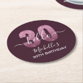 Hello 30! Fun 30th birthday Pink glitter ラウンドペーパーコースター (アングル)