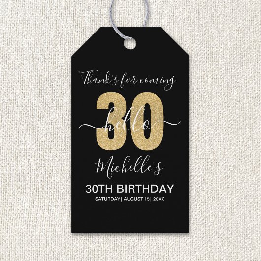 Hello 30! Funny 30th birthday with Golden glitter ギフトタグ