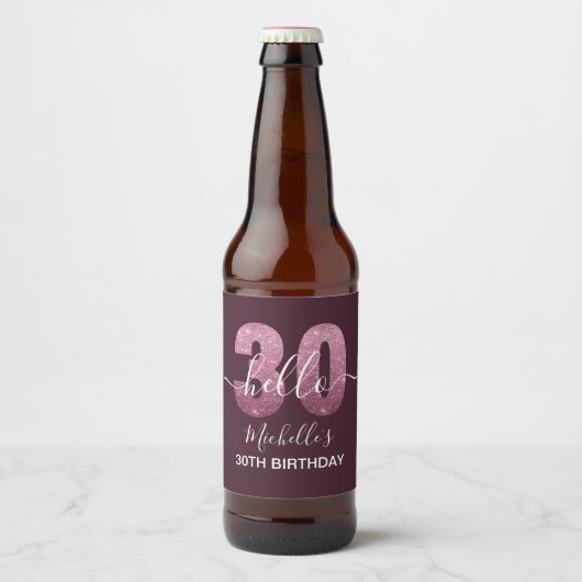Hello 30! Modern 30th birthday Pink glitter ビールラベル (正面)