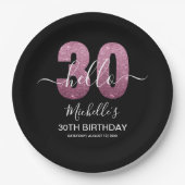 Hello 30! Modern 30th birthday Pink glitter ペーパープレート (正面)