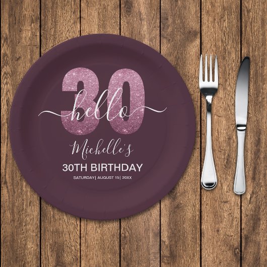 Hello 30! Modern 30th birthday Pink glitter ペーパープレート