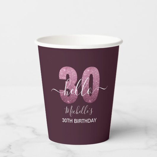 Hello 30! Modern 30th birthday Pink glitter 紙コップ (裏面)