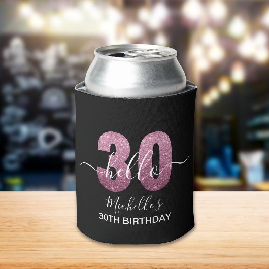 Hello 30! Modern 30th birthday Pink glitter 缶クーラー