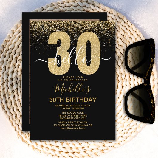 Hello 30! modern 30th birthday with gold glitter 招待状