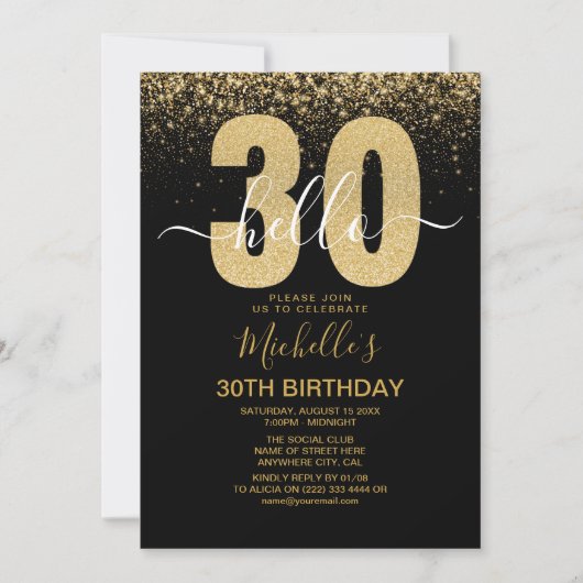 Hello 30! modern 30th birthday with gold glitter 招待状 (正面)