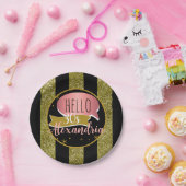 hello 30 Personalized 30th birthday glitter stripe ペーパープレート (パーティー)