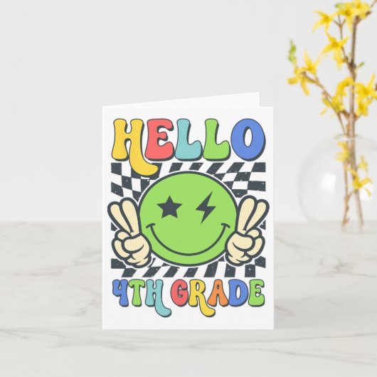 Hello 4年生Vibes Groovyスマイル顔Back To Sc カード (黄色い花)