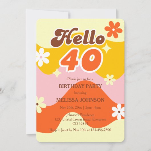 Hello 40 レトロウェーブ グルービー フラワー 誕生日 招待状 (正面)
