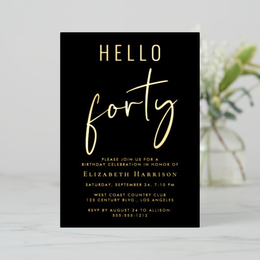 Hello 40 Chic Script 40th Birthdayパーティー 箔招待状 (立ち正面)