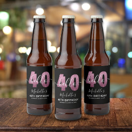 Hello 40! Elegant 40th birthday with Pink glitter ビールラベル