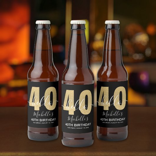 Hello 40! Modern 40th Birthday Chic Golden glitter ビールラベル