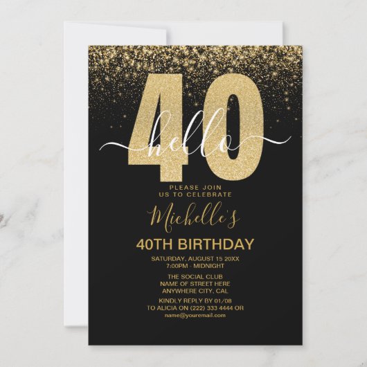 Hello 40! modern 40th birthday with gold glitter 招待状 (正面)