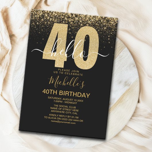 Hello 40! modern 40th birthday with gold glitter 招待状