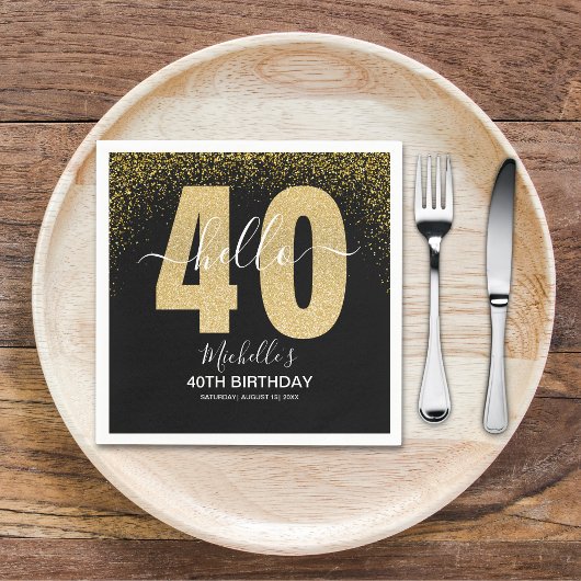 Hello 40! Modern 40th birthday with Golden glitter スタンダードカクテルナプキン