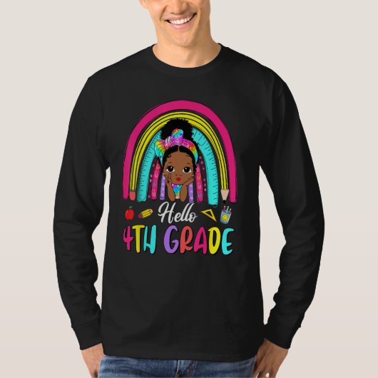 Hello 4th Grade Black Girl Kids Rainbow Back To Sc Tシャツ (正面)