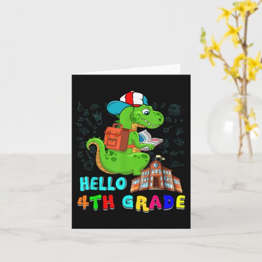 Hello 4th Grade T-rex Wearing School Bag Reading B カード (黄色い花)