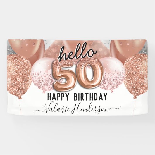 Hello 50ピンクグリッター誕生日バルーン記号 横断幕 (横)