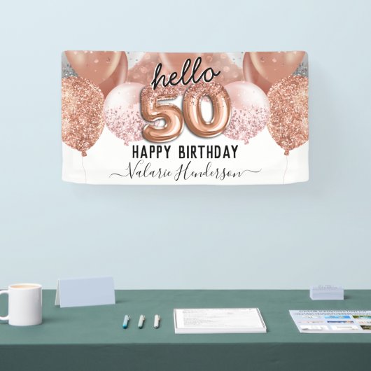 Hello 50ピンクグリッター誕生日バルーン記号 横断幕 (トレードショー)
