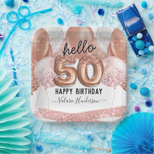 Hello 50ピンクグリッター誕生日バルーン ペーパープレート (パーティー)