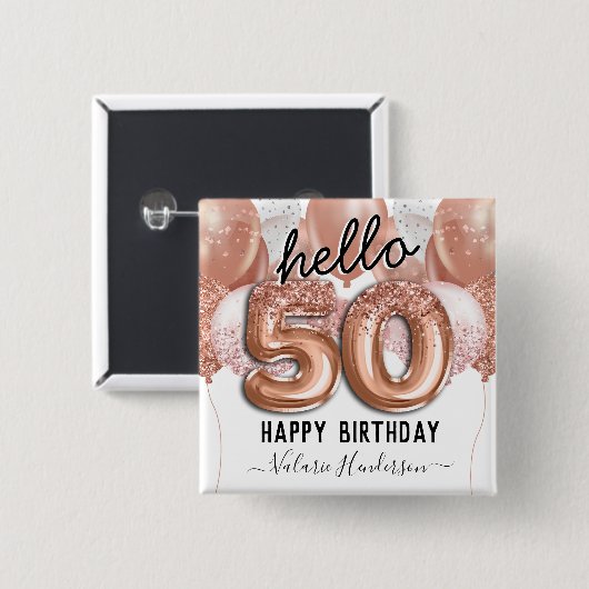 Hello 50ピンクグリッター誕生日バルーン 缶バッジ (正面&裏面)