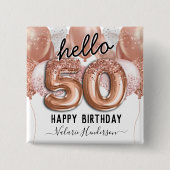 Hello 50ピンクグリッター誕生日バルーン 缶バッジ (正面)