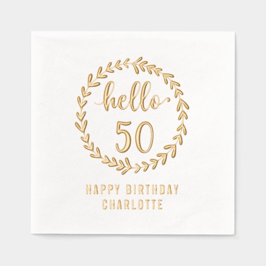 Hello 50リース50番目の誕生日パーソナライズされた名 箔ナプキン (正面)