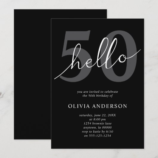 Hello 50 | モダン シック ブラック 50歳の誕生日パーティー 招待状 (正面/裏面)