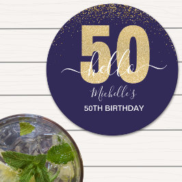 Hello 50! -50th Birthday with Gold Glitter ラウンドペーパーコースター