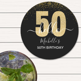 Hello 50! -50th Birthday with Gold Glitter ラウンドペーパーコースター