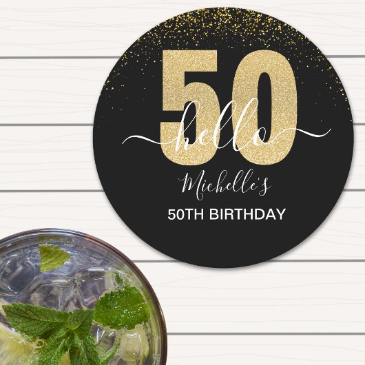 Hello 50! -50th Birthday with Gold Glitter ラウンドペーパーコースター