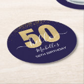 Hello 50! -50th Birthday with Gold Glitter ラウンドペーパーコースター (アングル)