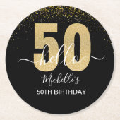 Hello 50! -50th Birthday with Gold Glitter ラウンドペーパーコースター (正面)